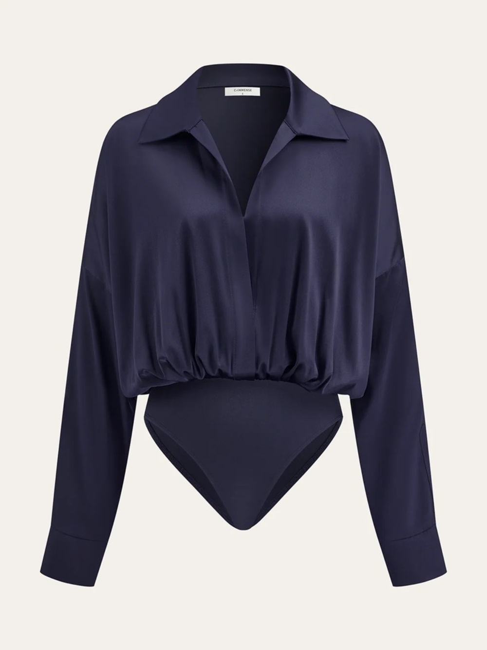 Commense Navy Satin Long-Sleeve Bodysuit